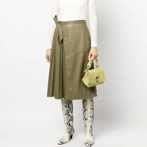 Jonathan Simkhai Mar Pleated Faux Leather Midi Skirt Olive Green Size 12